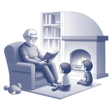 A grandparent is sitting in a comfortable armchair, holding an open storybook. Their face is filled with warmth and expression as they read aloud. In front of them, two grandchildren are seated on a soft rug, gazing up with wide eyes, fully engaged in the story. The fireplace nearby is crackling, with flames gently illuminating the scene. The walls are lined with bookshelves filled with various books, and a cozy atmosphere surrounds the moment, with a few plush toys scattered around the floor.