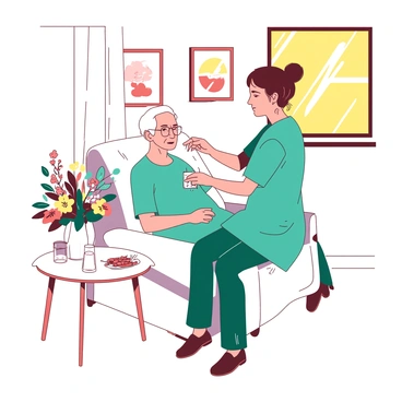 A teal nurse is gently assisting an elderly patient in a white armchair with taking their medication. The nurse is holding a small white pill organizer in their hand while the patient looks attentively at the organizer. In the background, there are warm white walls adorned with framed photographs. A small table beside the patient holds a glass of water and a few colorful flowers in a white vase. Sunlight filters through a window, creating a cozy atmosphere in the room.