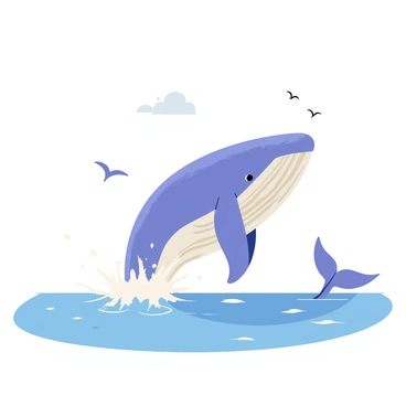 A large blue whale breaching the surface of the ocean, creating a dramatic splash as water cascades down its body. The whale's massive body is partially out of the water, showcasing its gray and blue mottled skin. Surrounding the whale, the ocean is a deep turquoise, with white foam forming at the base of the splash. A few seagulls can be seen flying in the background against a clear sky.