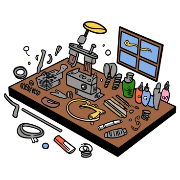 A workbench cluttered with scattered parts of a tattoo machine, including metallic components such as coils, springs, and a frame. There are also various tools like screwdrivers and pliers nearby, as well as colorful ink bottles in the background. The surface of the workbench is wooden and slightly worn, showcasing signs of use. Light is illuminating the scene from a nearby window, casting soft shadows on the items and highlighting the intricate details of the tattoo machine parts.