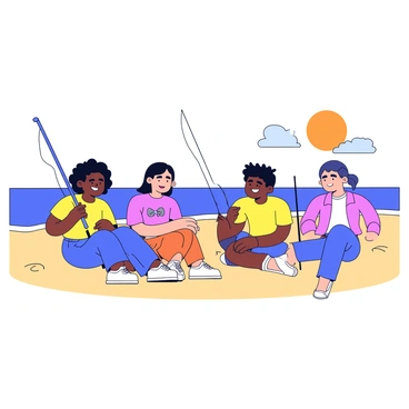 A group of four friends sitting on a sandy beach. Each friend has a fishing pole resting beside them on the ground. They are gathered around, engaged in conversation and sharing stories. One friend has a big smile while another throws their head back in laughter. The sun is setting in the background, casting warm hues across the sky. The ocean waves gently lap at the shore nearby.