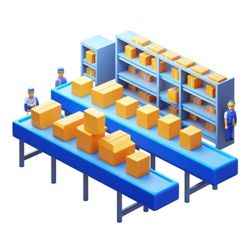 A conveyor belt system with multiple parallel belts transporting various packages. The packages are of different sizes and colors, neatly arranged on the belts. The background features shelves filled with inventory and employees wearing safety gear managing the flow of packages. The lighting in the facility is bright, illuminating the organized environment.