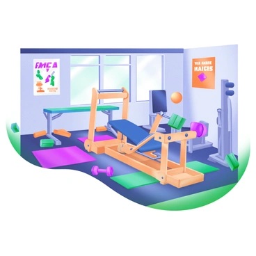 A vintage seated row machine from the 1960s is prominently displayed in a retro gym setting. The machine features a wooden frame with chrome accents and a padded seat. Around the machine, there are colorful gym mats scattered on the floor, along with various classic workout equipment such as dumbbells and a bench press. The walls are adorned with old posters showcasing fitness routines and motivational phrases, adding to the nostalgic atmosphere. A large window allows natural light to stream in, illuminating the gym's retro decor, including a patterned wallpaper and a few potted plants.