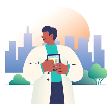 A scientist with medium skin and short black hair is standing in profile, holding an air quality monitoring device with both hands. The device has a digital screen displaying various measurements. The scientist is wearing a white lab coat over a teal shirt, and they are looking intently at the device. In the background, there is a sprawling city skyline with tall buildings, some of which have green trees visible at the base. The sky displays a soft gradient of orange and pink as the sun sets, casting warm light over the scene.
