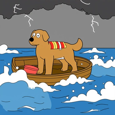 A medium-sized brown dog with floppy ears and wide, anxious eyes is standing on a small wooden boat. The boat is rocking on turbulent water as large waves crash against its sides, splashing up white froth. The dog's fur is slightly wet, and its tail is tucked between its legs, showing its fear. The stormy sky overhead is filled with dark gray clouds, and occasional flashes of lightning illuminate the scene. The boat has a few items aboard, such as a colorful striped life jacket and a small, bright red bucket. The dog's expression conveys its worry and uncertainty amidst the chaos of the storm.