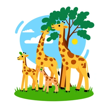 A family of giraffes consisting of three individuals, two adults and one young giraffe, is grazing on leaves from tall acacia trees. The adult giraffes have distinctive brown patches on their tan coats, while the young giraffe has lighter spots. The acacia trees are lush with green leaves, reaching high into the blue sky. The giraffes are stretching their long necks to reach the tender foliage at the top, standing gracefully among the verdant grass below. A bright sun shines overhead, casting soft shadows on the ground.