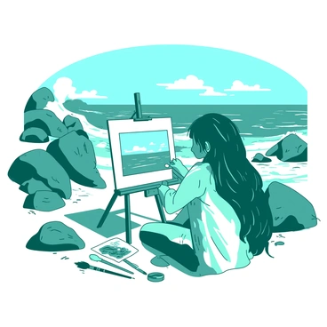 A teal woman with long flowing hair is focused on sketching the ocean on a white easel. The easel is positioned on a rugged rocky shore with large gray boulders scattered around. The ocean waves are crashing against the rocks, creating white foam. The woman is wearing a light-colored shirt, and there are various sketching tools laid out on the ground beside her. In the background, the expansive ocean stretches towards the horizon under a clear blue sky.