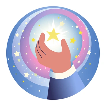 A giant hand with intricate details and a soft, glowing texture is reaching out from the center of a swirling galaxy filled with vibrant colors of blue, purple, and pink. The hand is holding a shining star that radiates bright white light, illuminating the surrounding space. The galaxy features spiraling arms with clusters of stars and cosmic dust, creating a sense of depth and motion. The background is dotted with distant stars, adding to the vastness of the universe.