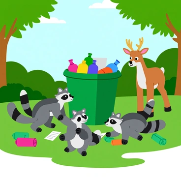 A group of curious raccoons with striped tails and small, bright eyes are gathered around a recycling bin in a lush forest. Nearby, a gentle deer with large, expressive eyes stands cautiously, peering into the bin. The bin is overflowing with colorful plastic bottles, aluminum cans, and paper. Sunlight filters through the green leaves above, casting dappled shadows on the forest floor. The scene conveys a sense of exploration as the animals interact with the recycling materials.