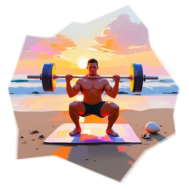 A person with a athletic build performing skull crushers on a sandy beach during sunset. The individual is positioned on a workout mat, using a barbell for the exercise. The sun is low on the horizon, casting a warm golden light over the scene, and the sky is filled with shades of orange, pink, and purple. Gentle waves can be seen lapping at the shore in the background, and a few scattered seashells are visible on the sand nearby. The person's focused expression reflects determination as they engage in their workout.