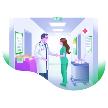 A hospital hallway with bright, white walls and a polished floor. In the foreground, a doctor wearing a white coat and a stethoscope around their neck is engaged in conversation with a nurse in scrubs. The doctor has short black hair and glasses, while the nurse has long brown hair tied back. On the walls, there are health posters and an exit sign. A few medical charts and a cart with medical supplies are positioned nearby. Soft lighting enhances the atmosphere, creating a professional yet welcoming environment.