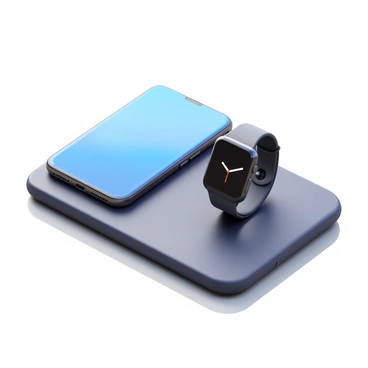 A Samsung smartphone placed next to a Samsung smartwatch on a sleek wireless charging pad. The charging pad has smooth edges and a minimalistic design. Both the phone and the watch display a faint glow, indicating they are charging. The surface underneath is reflective, enhancing the overall sleek appearance of the setup.