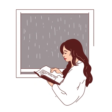 A person with brown hair is sitting by a window, deeply engaged in reading a book. The person is wrapped snugly in a white blanket, which drapes comfortably over their lap. Outside the window, rain is falling steadily, with droplets sliding down the glass, creating a blurred view of the gray world beyond. The indoor lighting casts a warm glow on the person's face, highlighting their focused expression as they turn the pages of the book. The window frame is white, contrasting with the dark, wet environment outside.
