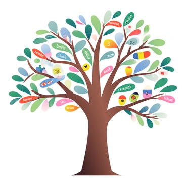 A tree with branches, each labeled with a different language, blooming with multilingual leaves