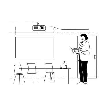 An event planner is standing in a sleek conference room, with a large rectangular table in the center. The planner is wearing a tailored suit and holding a notepad, looking focused and organized. A projector is mounted on the ceiling, casting an image onto a white screen at the front of the room. Several chairs are arranged neatly around the table, and a water dispenser is positioned against one wall. A large window lets in natural light, illuminating the modern decor of the room.