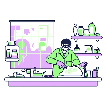 A lab setting is filled with various tools and equipment for paleontological work. A researcher, wearing a lab coat and safety goggles, is carefully applying plaster to a dinosaur fossil embedded in a mold. The fossil reveals intricate details of bones and textures. To the left, a table displays assorted tools such as brushes, mixing containers, and measuring scales. In the background, shelves are lined with labeled jars containing fossils and geological samples. A large window lets in soft light, illuminating the workspace and casting shadows across the lab bench.