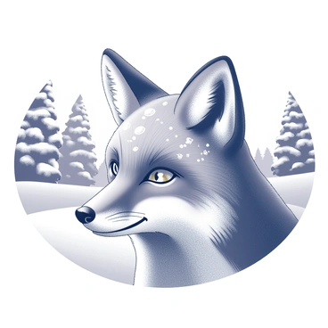 A close-up view of a fox's head, its fur detailed with soft snowflakes settling gently on its forehead and cheeks. The fox has alert, bright eyes that shine against the snowy background. In the background, a chilly winter landscape showcases snow-covered trees, their branches heavy with white snow. The ground is blanketed in a thick layer of snow, creating a serene atmosphere around the fox.