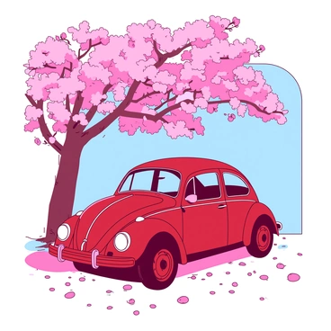 A red VW Beetle is parked beneath a tree with vibrant pink spring flowers in full bloom. The tree's branches extend over the car, creating a canopy of blossoms. Petals gently fall around the Beetle, carpeting the ground in soft shades of pink. The sun filters through the leaves, casting dappled shadows on the car's shiny surface. In the background, a clear blue sky adds to the cheerful atmosphere of the scene.
