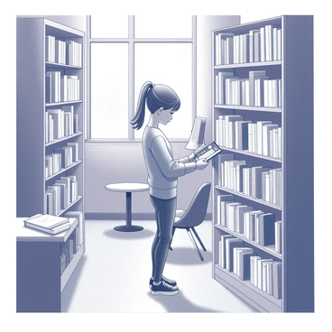 A young girl stands in a cozy bookstore filled with shelves lined with books of various sizes. She is carefully browsing the rows, her fingers gently trailing along the spines of the books. The girl has long hair tied back in a ponytail, and she wears a comfortable sweater. Soft light filters through a nearby window, casting gentle shadows on the wooden floor. There are a few scattered chairs in the reading area, and a small table displays a selection of featured books. The atmosphere is peaceful and inviting, perfect for a quiet afternoon of reading.