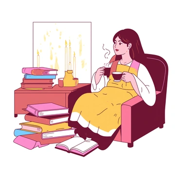 A warm, inviting room is filled with soft light from several flickering candles placed on a small wooden table. A person sits comfortably on a plush chair, wrapped in a soft blanket, holding a steaming cup of tea in their hands. Surrounding them, there are stacks of colorful books with their covers facing up, some open as if recently read. The atmosphere conveys a sense of relaxation and tranquility, as the person takes a moment for themselves amidst the serene arrangement.