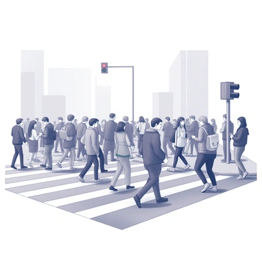A busy crosswalk filled with pedestrians. Each person is standing still, attentively waiting for the pedestrian signal to change. The crowd includes individuals of various ages and styles, some holding bags, others looking at their phones. The crosswalk is marked with bold white lines, and a traffic signal overhead displays a red hand. Buildings can be seen in the background, contributing to the urban environment.
