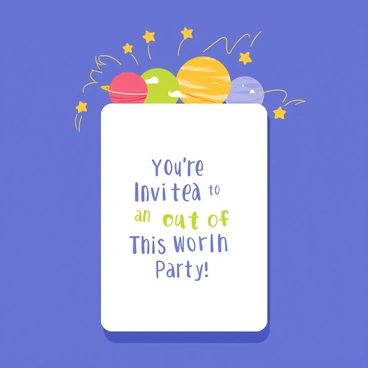 A rectangular invitation card set against a deep blue background. The top of the card features a variety of colorful planets, including a red planet with rings, a green planet dotted with white clouds, and a yellow planet with swirling patterns. Below the planets, several shooting stars with bright tails are streaking across the sky, creating a sense of motion. In the center of the card, in bold, playful font, the text reads "You're Invited to an Out of This World Party!" surrounded by small, twinkling stars.