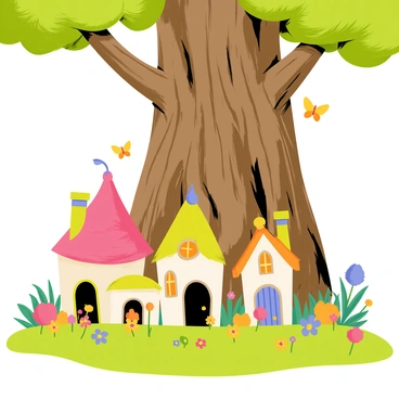 A quaint village of tiny fairy houses nestled in the roots of an enormous tree