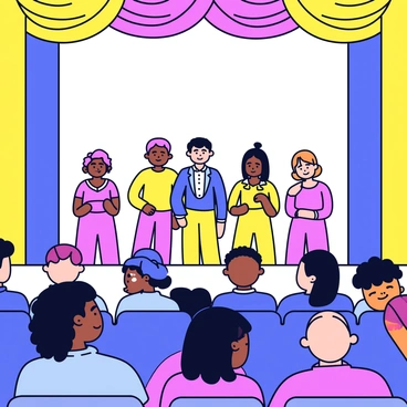 A theater stage illuminated with bright lights, showcasing performers in vibrant costumes. Each performer exhibits distinct facial expressions, conveying a range of emotions. The backdrop features colorful curtains that frame the stage. In the foreground, an audience is seated, captivated by the performance. Some audience members are leaning forward, while others look visibly engaged, creating an atmosphere of immersion in the experience.