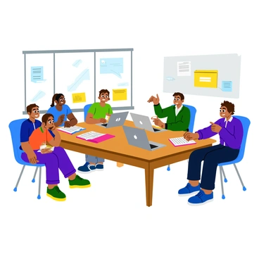 A group of four students sitting around a large wooden table in a well-lit classroom. They are engaged in a discussion, with two boys and two girls actively sharing ideas. In front of them, there are several open books with colorful covers and multiple laptops displaying vibrant screens. One girl is pointing at a notebook filled with handwritten notes, while another boy is typing on his laptop. The walls of the classroom are decorated with educational posters, and a large window allows sunlight to stream in, illuminating the scene. Each student has a unique expression of concentration and enthusiasm as they collaborate on their school project.