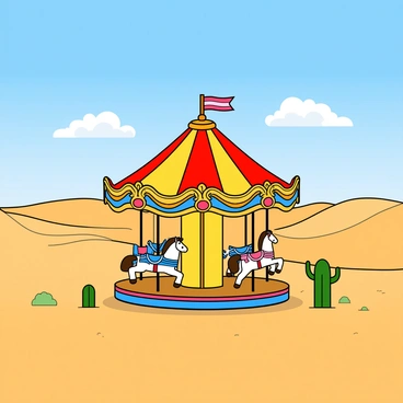 A bright and colorful carousel stands alone in the center of a vast desert, its vibrant hues contrasting sharply with the surrounding golden sand dunes. The carousel is adorned with intricate decorations, featuring wooden horses painted in various shades of blue, pink, and white. The carousel's canopy is a lively mix of red and yellow stripes that flutter softly in the desert breeze. The sand dunes rippling outwards form smooth, gentle waves around the carousel, creating a picturesque scene. A few scattered cacti are placed near the base of the carousel, adding a touch of green to the sandy landscape. The sky above is a clear blue, with a few fluffy white clouds drifting lazily by.