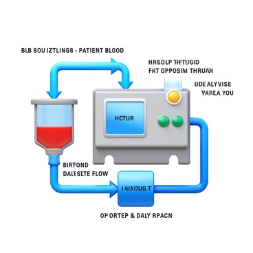 A detailed diagram illustrating the flow of fluids through a hemodialysis machine. The diagram features labeled components such as the blood compartment, dialysate compartment, and the dialyzer. Arrows indicate the direction of fluid flow from the patient’s blood into the machine, through the dialyzer, and back to the patient. The dialysate flow is also depicted, showing how it moves through the dialyzer in the opposite direction to the blood. Different colors are used to distinguish between blood and dialysate fluids. Detailed annotations explain the purpose of each component in the process of filtration and purification.