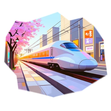 A sleek bullet train, painted in vibrant shades of white and blue, is seen speeding through a bustling urban setting in Tokyo. Skyscrapers rise on both sides of the train, adorned with colorful advertisements and neon lights. The city streets below are filled with small cars and pedestrians. Cherry blossom trees can be spotted along the train's path, adding splashes of pink to the scene. The sky is clear, and the sun is starting to set, casting a warm glow over the city. The motion of the train creates a dynamic sense of speed, with a blur effect on the surrounding buildings.