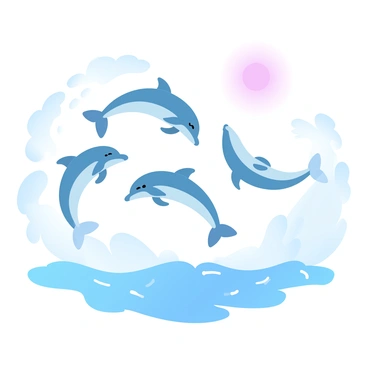 A pod of dolphins is leaping through the waves, creating splashes of water around them. The dolphins are depicted in various arcs as they jump, showcasing their sleek bodies. The water is a sparkling blue with white caps from the waves. Above, a bright sun shines in a clear sky, casting light onto the scene. The overall atmosphere conveys a sense of movement and energy as the dolphins enjoy their playful activity.