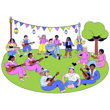 A music festival scene featuring several attendees dressed in colorful bohemian dresses. Some of the attendees are seated on the grass while playing acoustic guitars, and others are dancing joyfully. There are vibrant decorations hanging from the trees, including colorful bunting and lanterns. In the background, a small stage is set up with musicians performing, surrounded by cheering listeners. The atmosphere is lively and filled with energy.