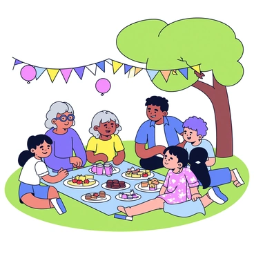 A multigenerational family gathered in a backyard. The family members include a grandmother with gray hair and glasses, a father wearing a blue shirt, a mother in a floral dress, and children playing nearby. They are sitting together on a picnic blanket with a variety of snacks and drinks spread out. The grandmother is smiling as she tells a story, while the children giggle, and the parents listen attentively. In the background, there are colorful decorations such as balloons and a string of lights, and green grass underfoot. A large tree provides shade for the gathering.
