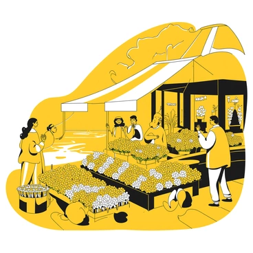 A busy flower market along the river, filled with various stalls displaying an abundance of flowers. The scene shows vendors arranging yellow marigolds, white jasmine, and other blooms in vibrant displays. Customers wearing traditional attire are examining the flowers, some negotiating prices with the vendors. The morning sunlight casts soft shadows, illuminating the details of the flowers and the faces of the people. In the background, the river reflects the early morning light, enhancing the lively atmosphere of the market.