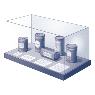 A museum display case containing several historical tinned fish cans arranged neatly. Each can varies in size and design, showcasing different shapes and labels that represent distinct eras and brands. The display is accompanied by small placards next to each can, providing informative stories and details about the history of the products and their significance. The background features a subtle texture to draw attention to the displayed items, enhancing the visual interest without overwhelming the viewer.