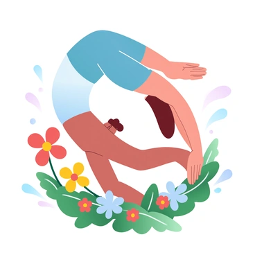 A person is positioned in the "thread-the-needle" yoga pose, with one arm reaching through the space created by the other arm, creating a triangular shape with their body. They are wearing comfortable yoga attire that flows with their movement. The lush garden around them is vibrant with colorful flowers in full bloom, including bright reds, yellows, and blues. Green foliage surrounds the scene, providing a natural backdrop. A gentle breeze is causing some of the flowers to sway slightly.