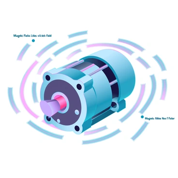 An electric motor with a sleek, metallic casing, featuring exposed components such as wires and coils. The motor is positioned in the center of the image, with dynamic "magnetic field lines" emanating visibly from its core, depicted as vibrant, glowing arcs and curves that illustrate the flow of energy. The background is a subtle gradient, enhancing the contrast of the motor and the magnetic field. Small labels and annotations near key parts of the motor provide explanations of each component, further illustrating its operation.