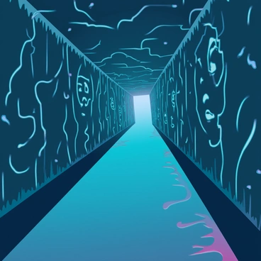 A long, narrow hallway with dim lighting and textured wallpaper that appears to be aged and slightly peeling. Faint faces are subtly visible within the patterns of the wallpaper, their expressions shifting and indistinct. Ethereal wisps of smoke seem to curl from the seams, giving the impression of whispers echoing through the air. Shadows play along the floor, adding to the eerie atmosphere of the hallway. The walls are adorned with intricate, swirling designs, enhancing the sense of unease.