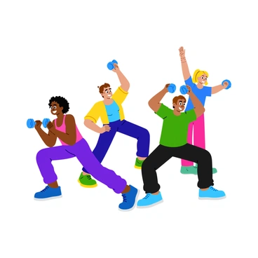 A diverse group of people of different ethnicities is participating in an outdoor community fitness class. Each person is engaged in exercises while holding colorful dumbbells. A woman with curly black hair is performing a bicep curl, while a man with short brown hair is doing squats nearby. Another participant, a person with short blond hair, is stretching with their arms raised, showcasing their bright blue dumbbells. The scene captures a sense of energy and teamwork, with everyone wearing vibrant workout clothing and smiling as they exercise together.