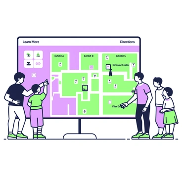 A digital floor map of a museum is displayed on a large screen. The map includes various sections labeled with "Exhibit A," "Exhibit B," and "Exhibit C," each featuring interactive icons. Visitors are shown in front of the screen, with a family of four, including two children, pointing at a specific exhibit labeled "Dinosaur Fossils." The background of the map includes outlines of different rooms and pathways connecting the exhibits. In the top corner, there is a menu bar with options like "Learn More" and "Directions," illustrated with corresponding icons.