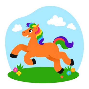 A whimsical pony with a flowing mane and tail featuring vibrant rainbow colors prances joyfully across a green meadow. The pony's coat glistens in the sunlight, showcasing shades of red, orange, yellow, green, blue, indigo, and violet. Above, the sky is a bright blue with fluffy white clouds scattered throughout. The pony's hooves lift off the ground as it leaps playfully, with a backdrop of colorful wildflowers dotting the landscape.