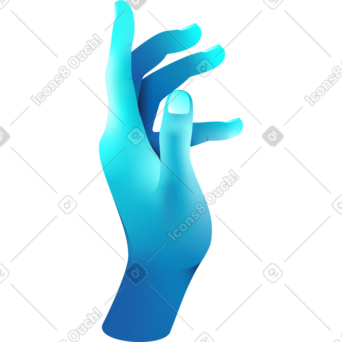 Eine dreidimensionale hand in blauem licht-Illustration im Glare-Stil als Download PNG, SVG