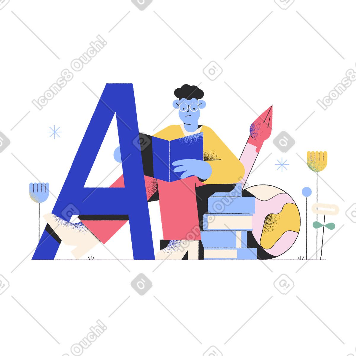 A man sitting on stack of books reading book illustration in Pablo style download in PNG, SVG