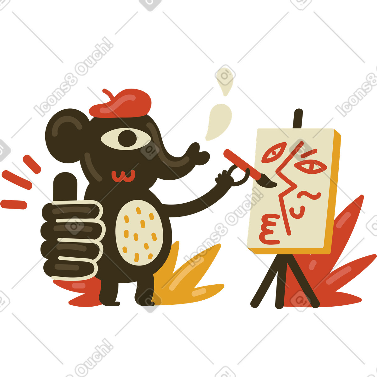 Elefantenmalerei auf leinwand und daumen hoch-Illustration im Arabica-Stil als Download in PNG, SVG