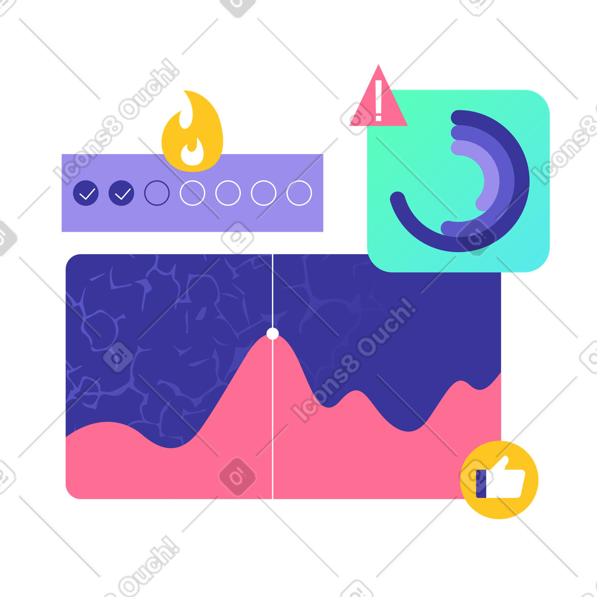 Data Analytics Dashboard, Performance Analysis with real-time status badges illustration in PNG, SVG