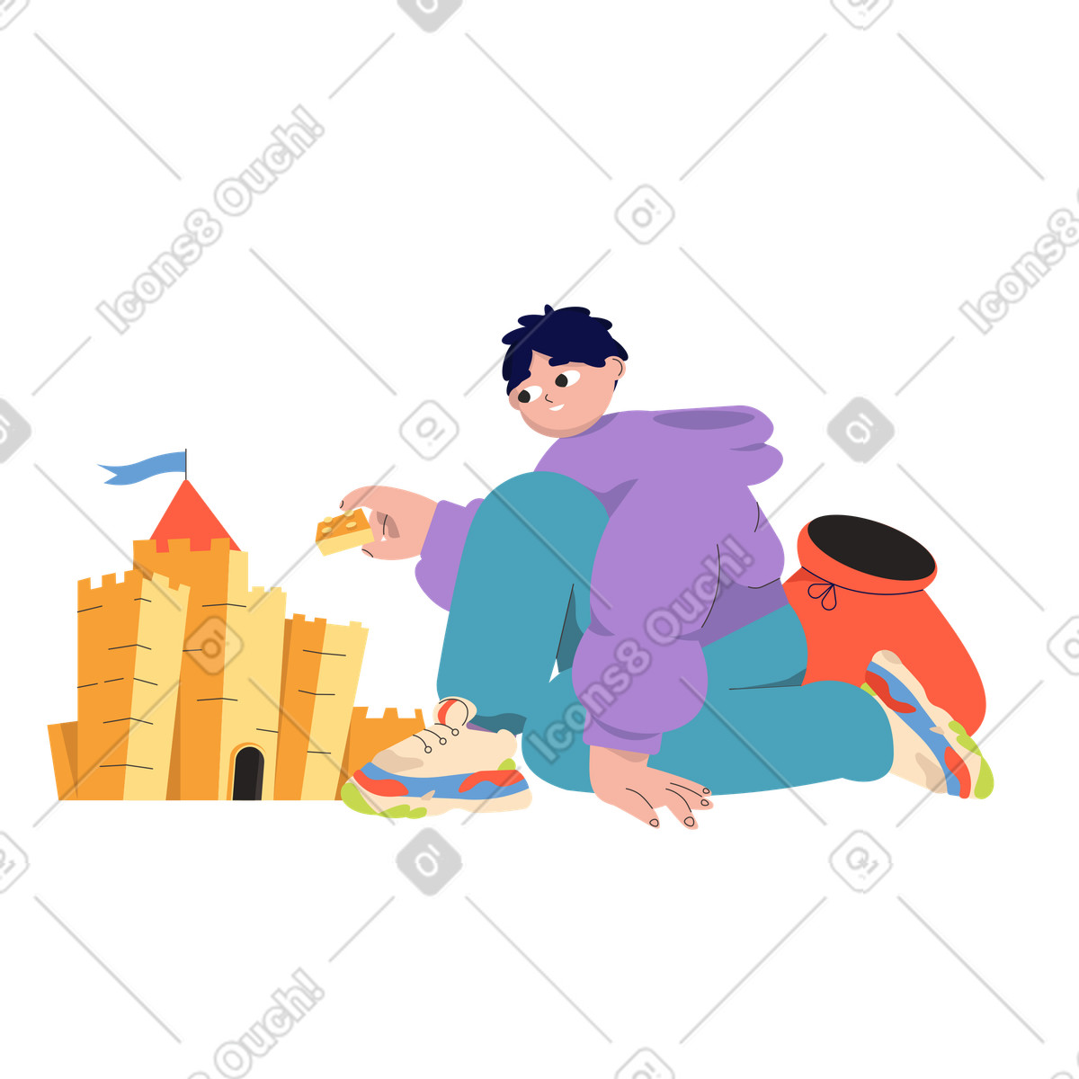 Teen building sandcastle, Fun summer activity-Illustration im Dizzy-Stil als Download in PNG, SVG
