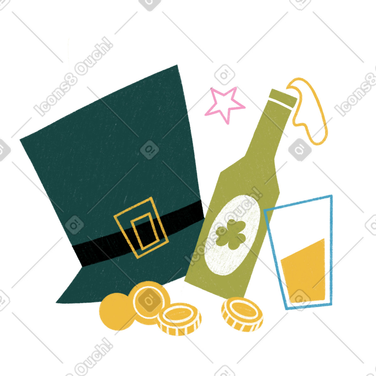 Hut, gold und bier des kobolds f&uuml;r st.patrick's day-Illustration im Tutti-Stil als Download in PNG, SVG