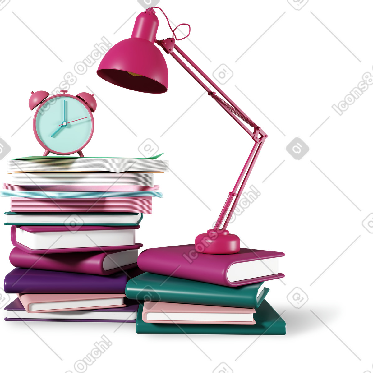Lamp with books and alarm clock illustration in PNG, SVG